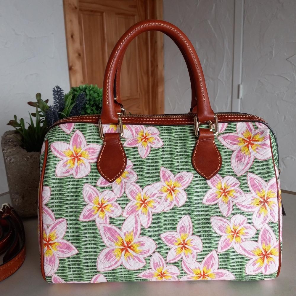 Dooney & Bourke Coated Cotton Plumeria Barrel Satchel, Pink/Green - Picture 6 of 16
